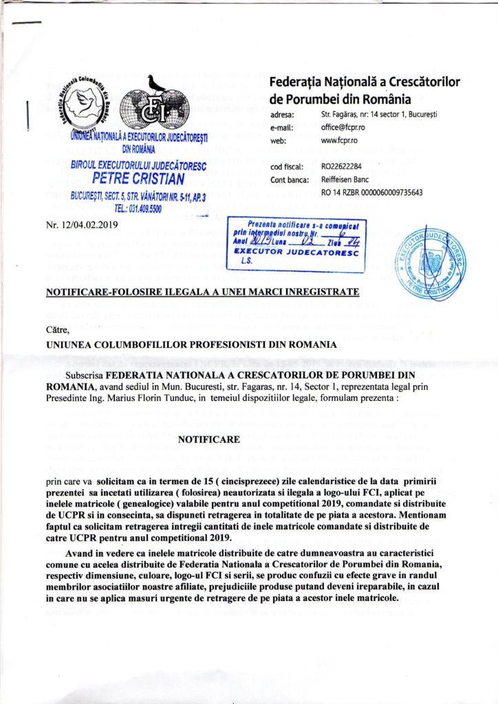 UCPR castiga in instanta procesul intentat catre pe tema folosirii siglei pe inelele genealogice - Diverse - Romanian Racing Pigeons