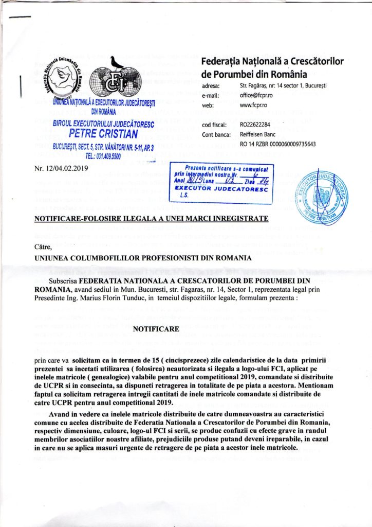 UCPR castiga in instanta procesul intentat catre pe tema folosirii siglei pe inelele genealogice - Diverse - Romanian Racing Pigeons UCPR castiga in instanta procesul intentat catre pe tema folosirii siglei pe inelele genealogice - Diverse - Romanian Racing Pigeons